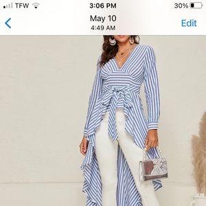 Striped high low hem belted top NEW!! Size Large